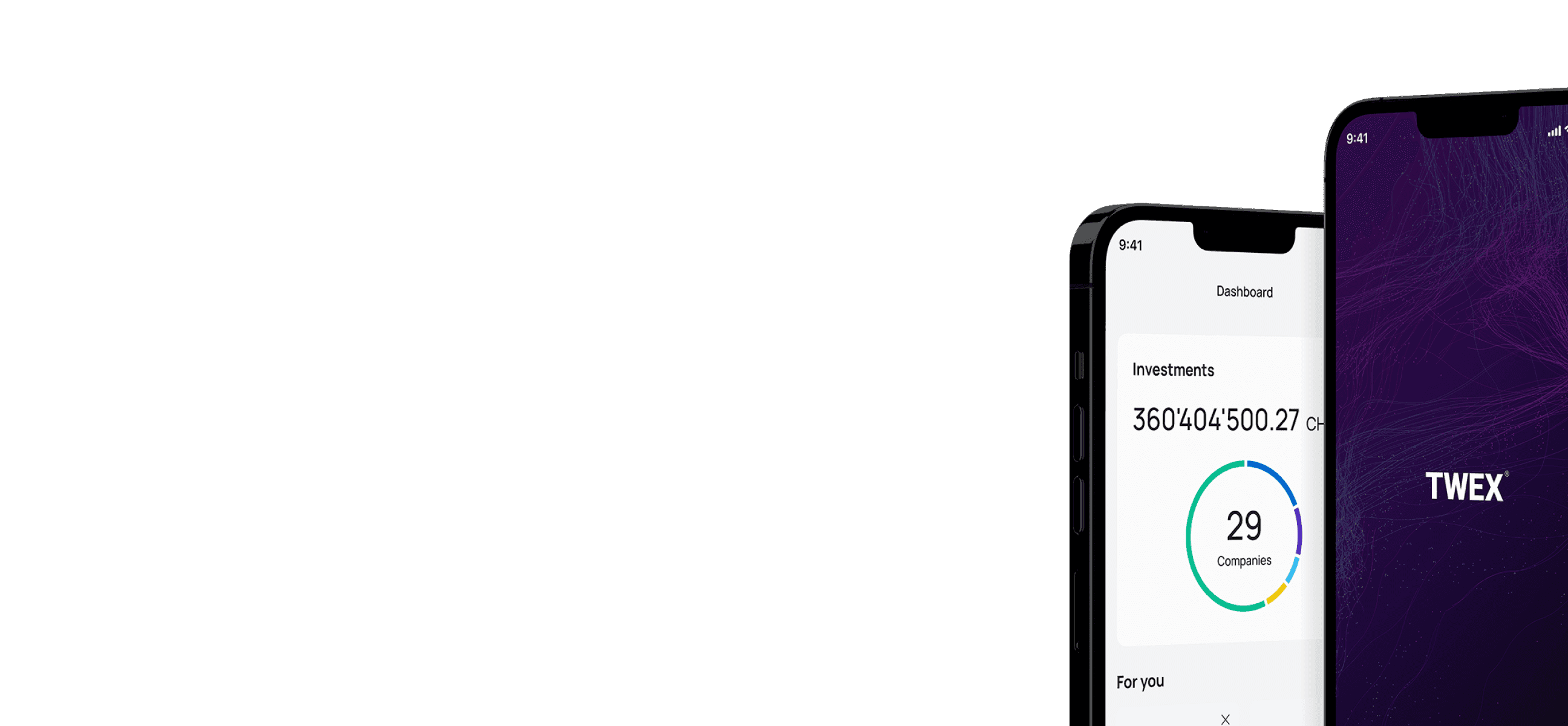Two smartphones showing investors dashboard and welcome screen of TWEX app